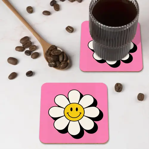 Smiley - Bloem - Roze onderzetter kurk middel -sfeer2