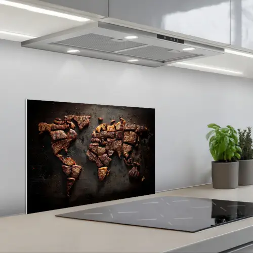 Wereldkaart - Gegrild vlees keuken achterwand spatscherm klein -3d_schuin