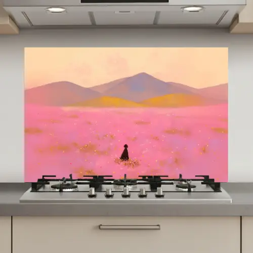 Bloemenweide - Heuvels - Silhouet - Roze keuken achterwand spatscherm klein -3d_website