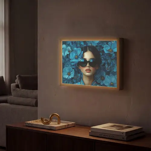 Vrouw - Bloemen - Blauw - Aesthetic - Luxe Light Box met batterij (Wandlamp) middel -sfeer1