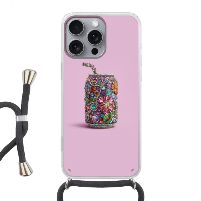 Frisdrankblikje - Bloemenpatroon - Edelstenen - Kleurrijk Hoesje iPhone 16 Pro Max met koord klein -3d