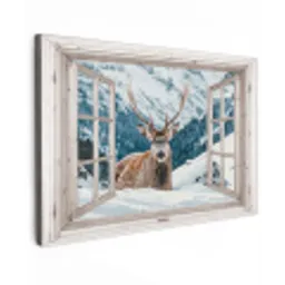 Hert - Winterlandschap - Natuur - Dieren - Doorkijk - Bergen Tuinposter op houten frame 2 cm dik klein -3d