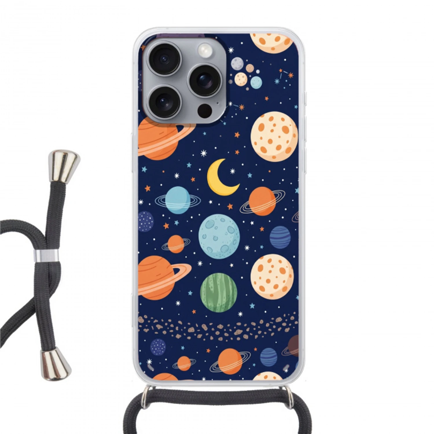 Ruimte - Planeten - Kleurrijk Hoesje iPhone 16 Pro Max met koord klein -3d