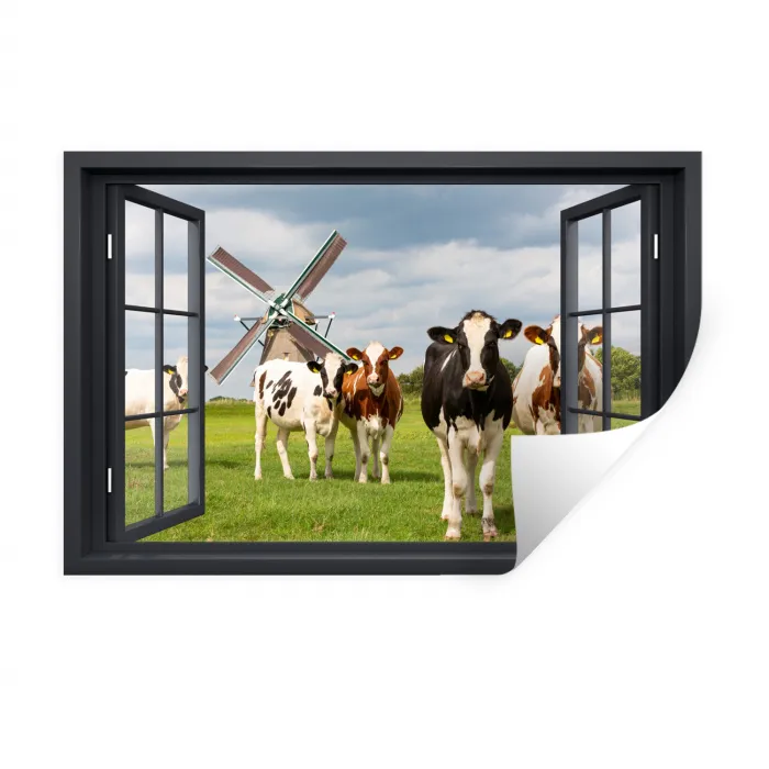 Doorkijk - Koe - Molen - Koeien - Weiland - Gras - Groen Muursticker klein -3d