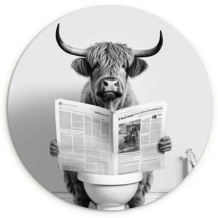 Schotse hooglander - Krant - Toilet - WC - Grijs - Wit - Koe - Horens Wandcirkel kunststof plaat 5mm dik klein -3d