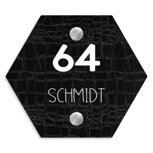 Zwart krokodillenleertextuur - Modern Naambord Hexagon klein -3d
