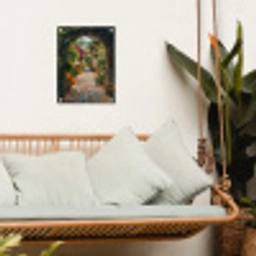 Doorkijk - Bloemen - Poort - Stenen tuinposter los doek klein -sfeer7