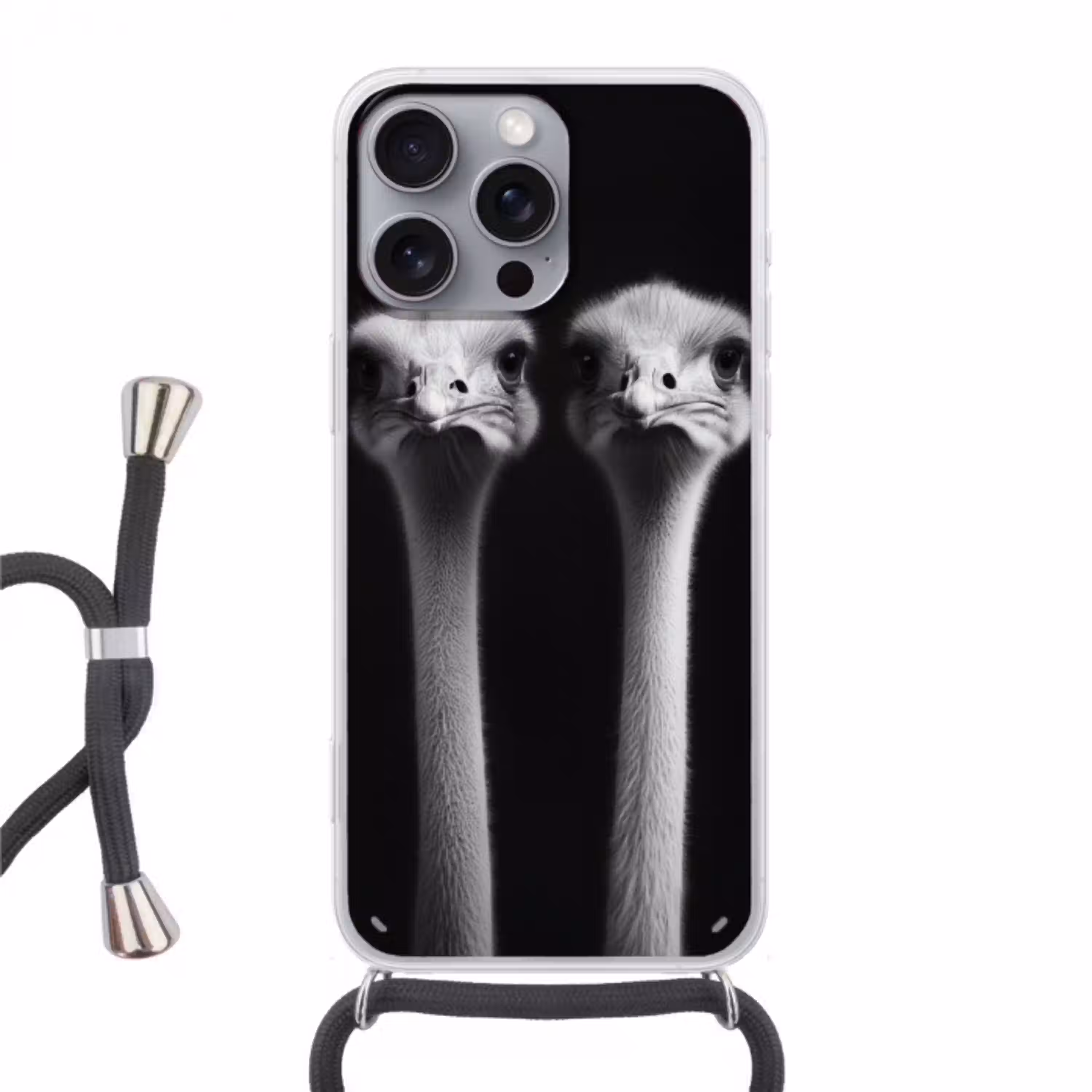 Struisvogels - Halzen - Zwart - Minimalistisch Hoesje iPhone 16 Pro Max met koord klein -3d