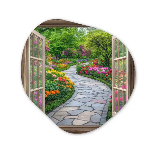 Doorkijk - Bloemen - Tuinpad - Natuur - Raam Wandcirkel Organisch Plexiglas middel -3d