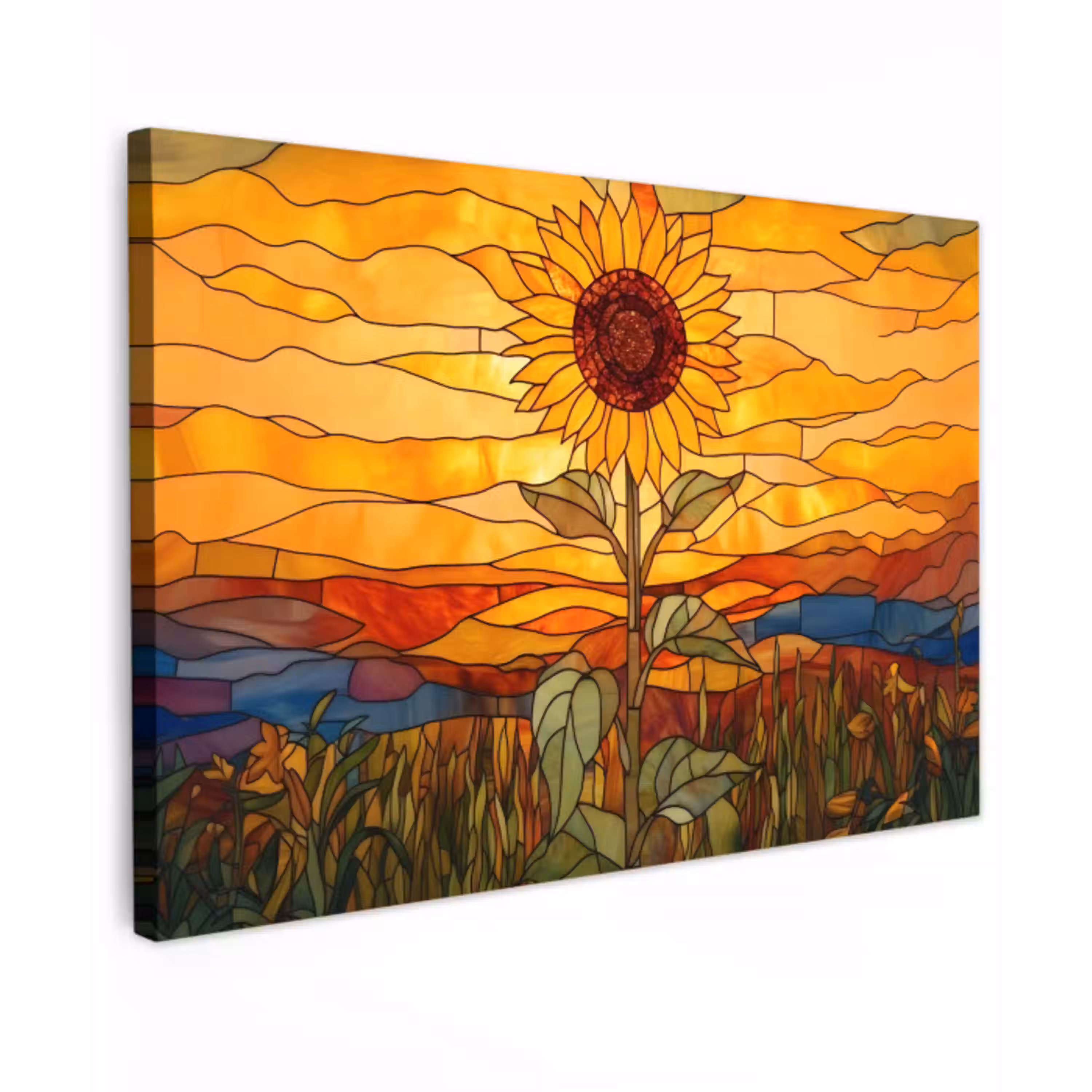 Zonnebloem - Mozaïek - Zonsondergang - Geel Tuinposter op houten frame 2 cm dik klein -3d