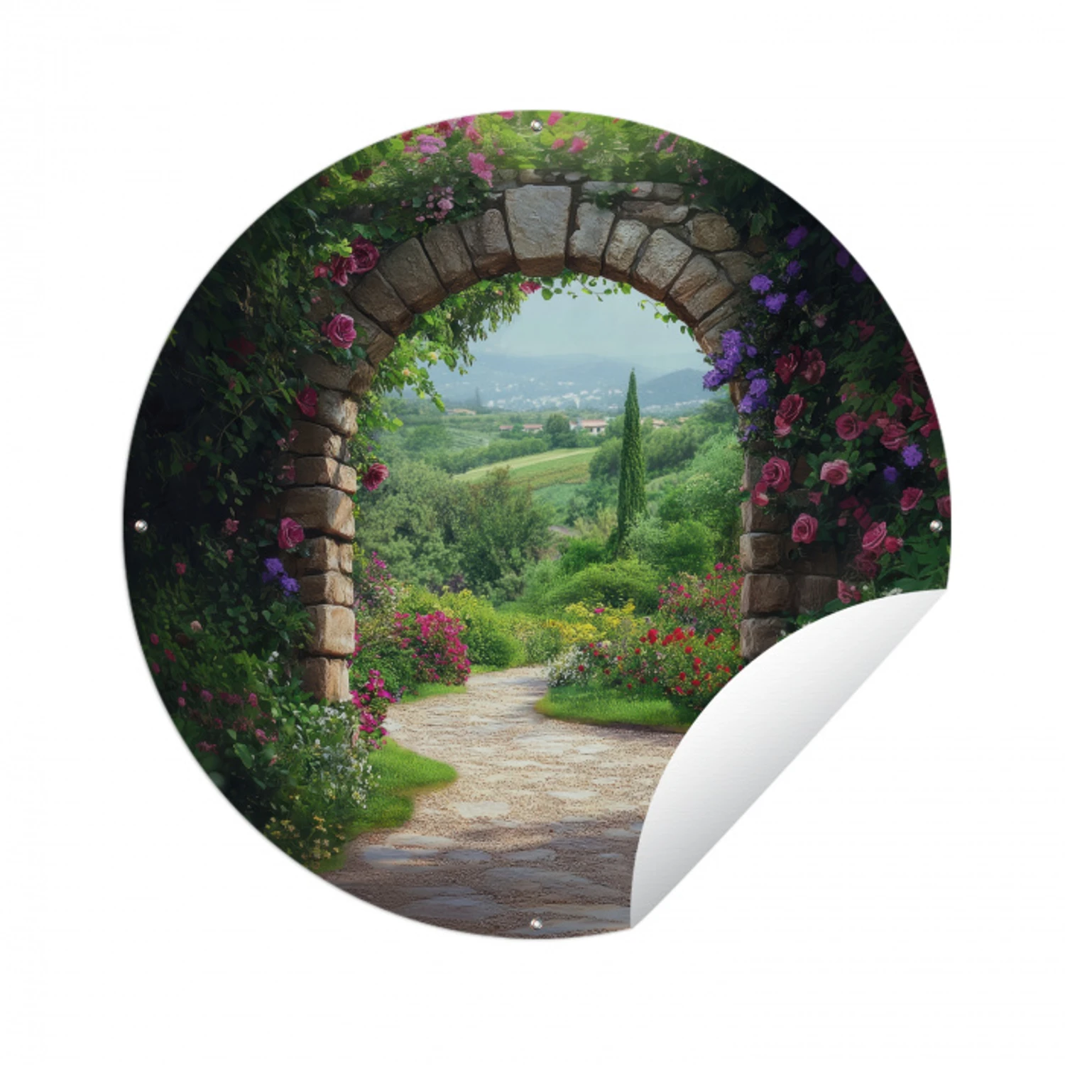 Doorkijk - Landschap - Bloemen - Pad - Uitzicht Wandcirkel tuinposter met ringen klein -3d