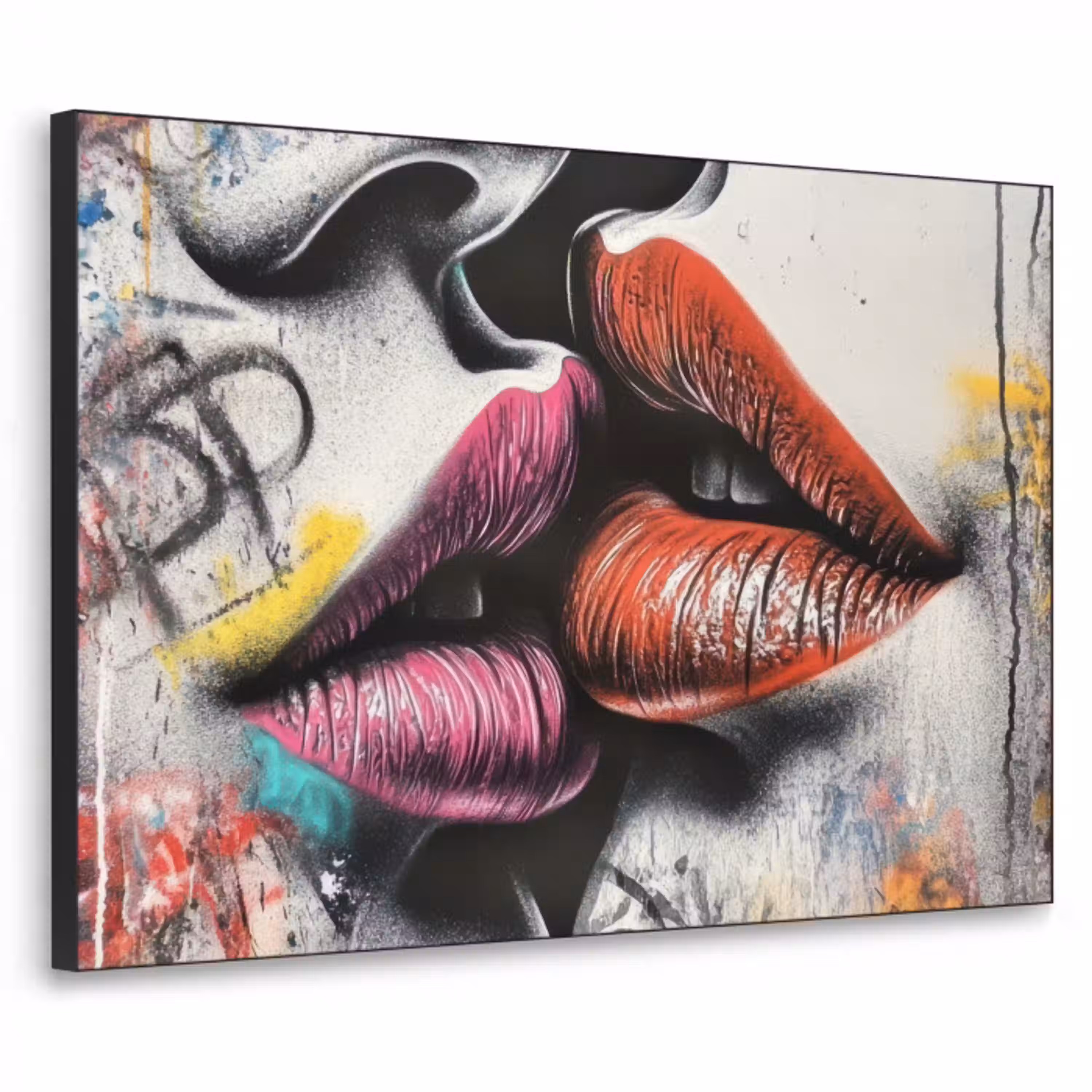 Street art - Lippen - Kus - Graffiti Textielframe zwart klein -3d